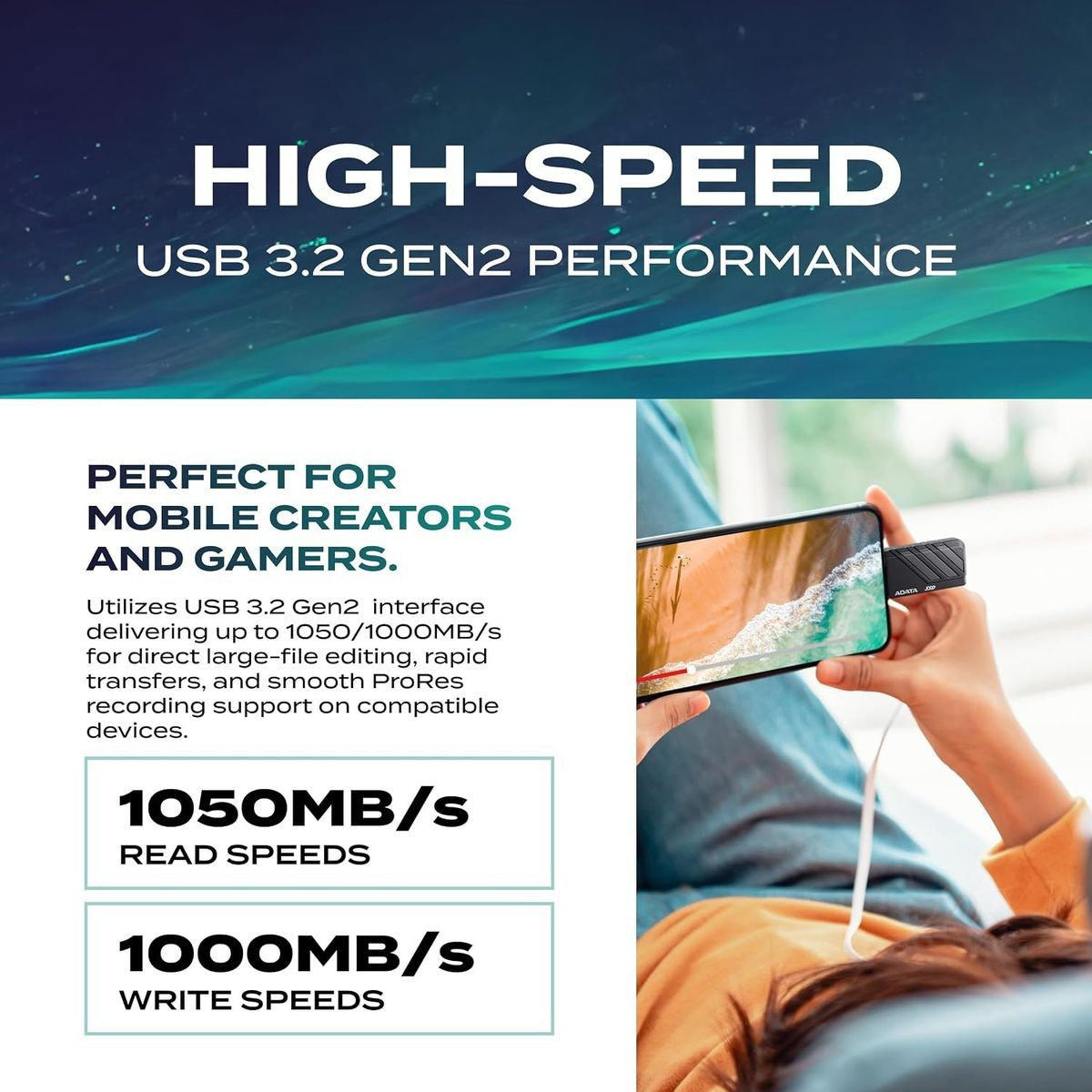 ADATA SC735 1TB External SSD | USB-C, 1,050 MB/s Read